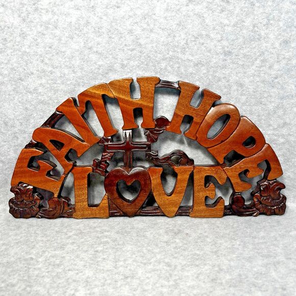 Solid Mahogany‎ Faith Hope Love Wall Hanging Wood Plaque Handcrafted Scrollwork - Picture 1 of 15